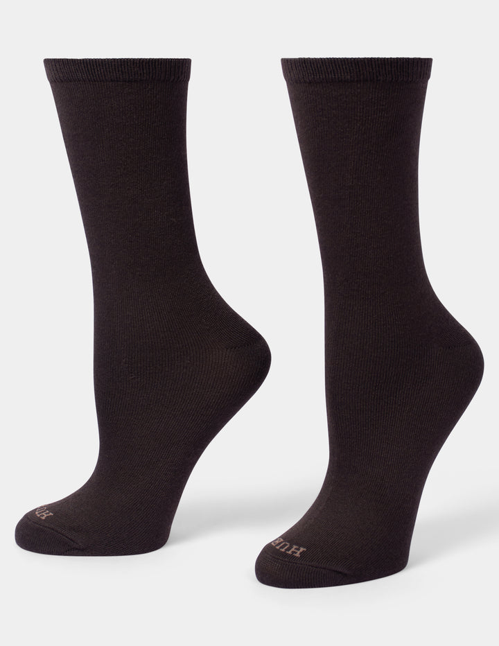 A pair of dark brown crew socks shown from the side against a light gray background.