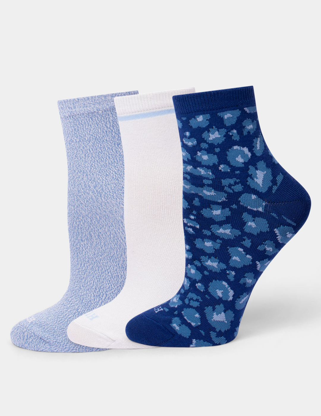 Three pairs of ankle socks arranged on a light gray background. The left pair is light blue, the middle pair is white with a thin light blue stripe, and the right pair is dark blue with a lighter blue leopard pattern.