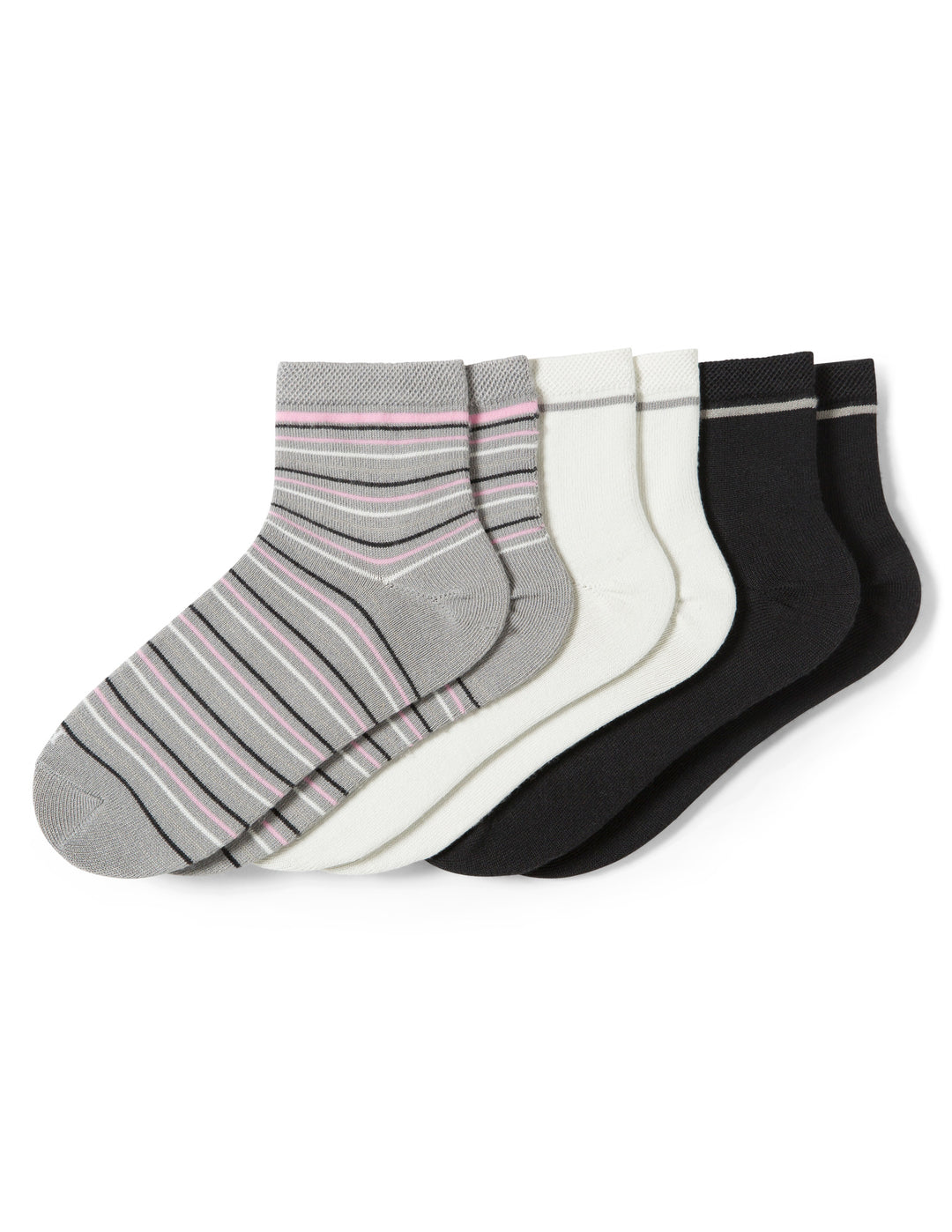 Set of three pairs of socks in gray, white, and black on a white background