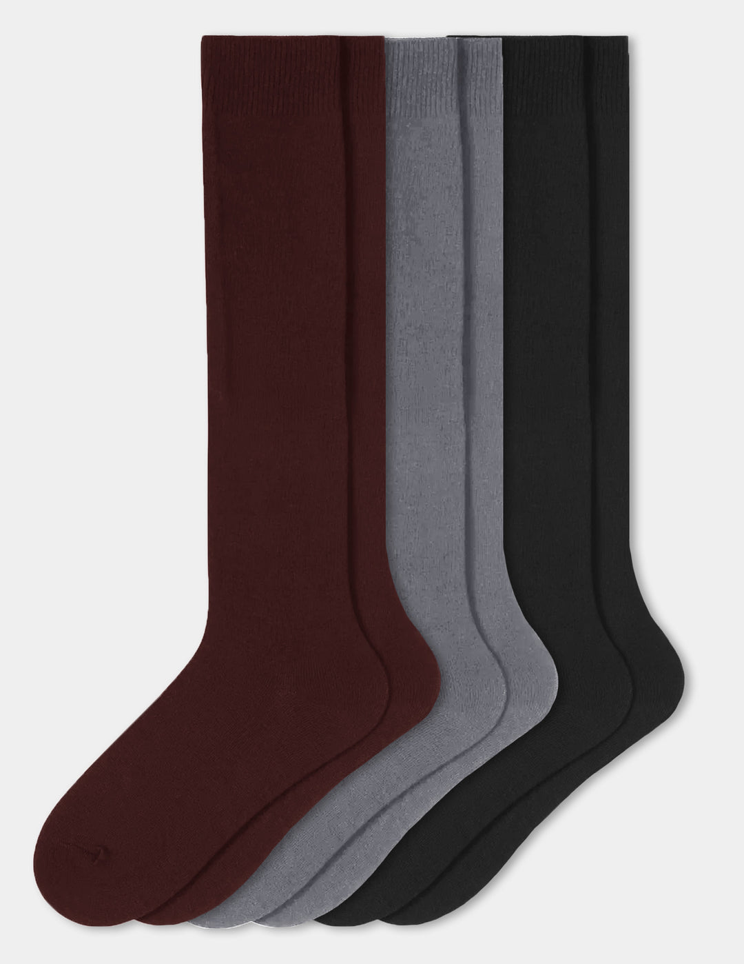 Three pairs of knee socks in brown, grey, and black displayed against a light gray background.