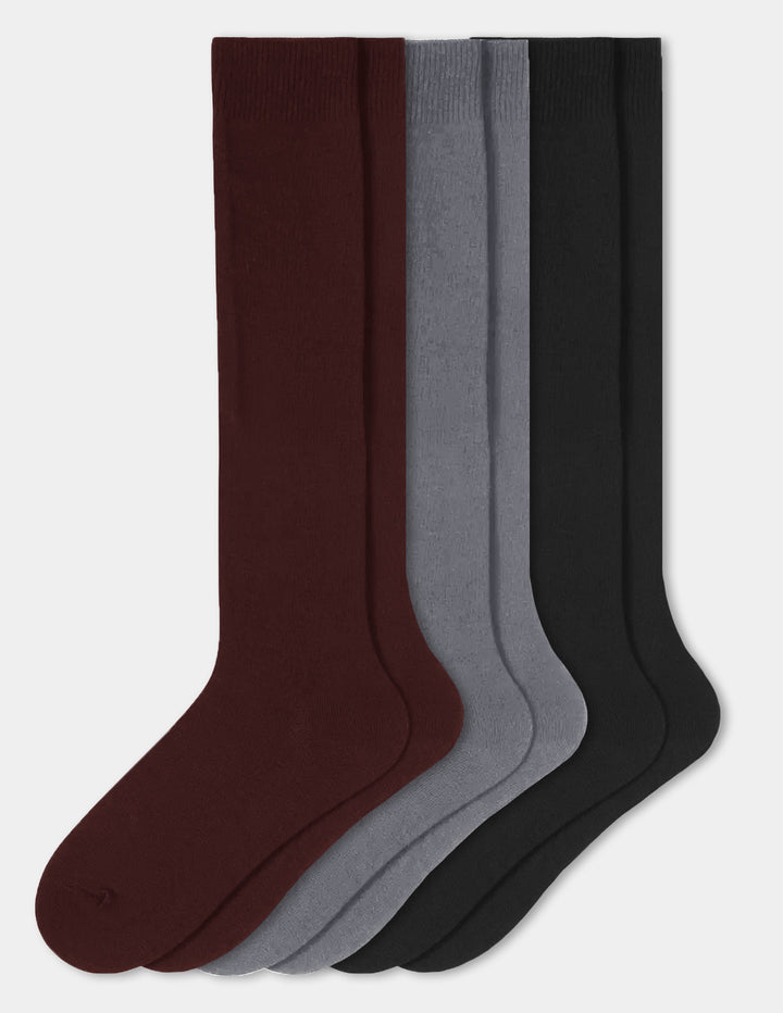 Three pairs of knee socks in brown, grey, and black displayed against a light gray background.