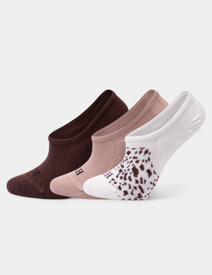 Three pairs of liner socks in brown, dusty pink, and white with a brown leopard print, arranged on a light gray background.