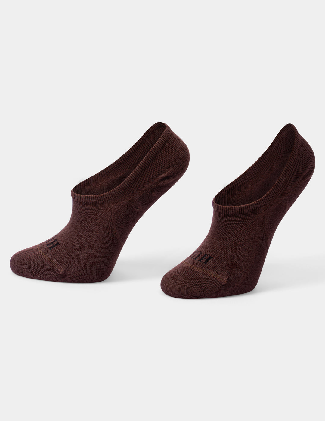 A pair of liner socks in a dark brown color, set against a clean light gray background.