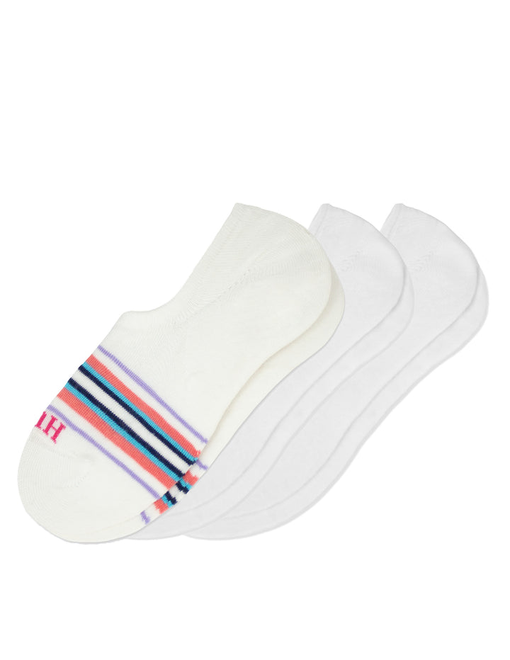 Three pairs of white ankle socks with colorful stripes on a white background