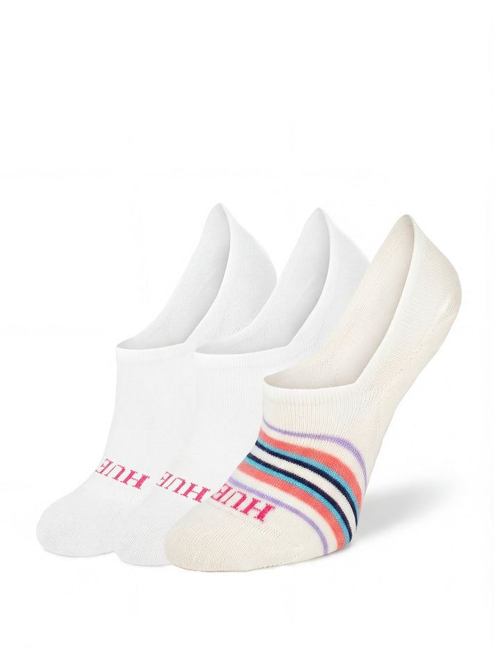 Three pairs of socks with a striped design on a white background