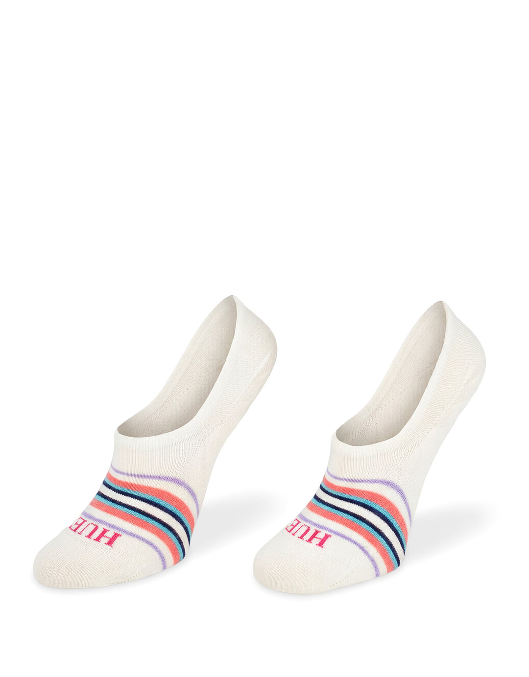 Pair of white socks with colorful stripes and 'HELLO' text on a white background