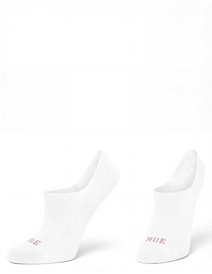 Two white ankle socks with 'HUE' branding on a white background