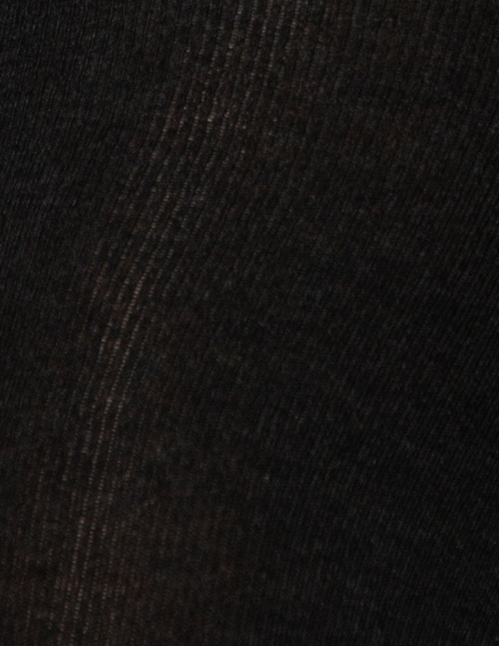 A close-up texture shot of a dark grey ribbed knit fabric, showing the fine vertical ribbing and subtle sheen.