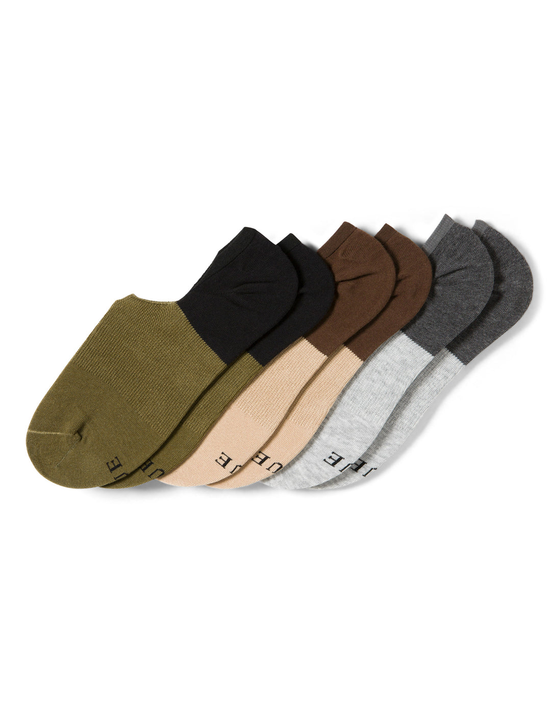 Set of three pairs of socks in green and black, beige and brown, and dark gray and light grey on a white background.