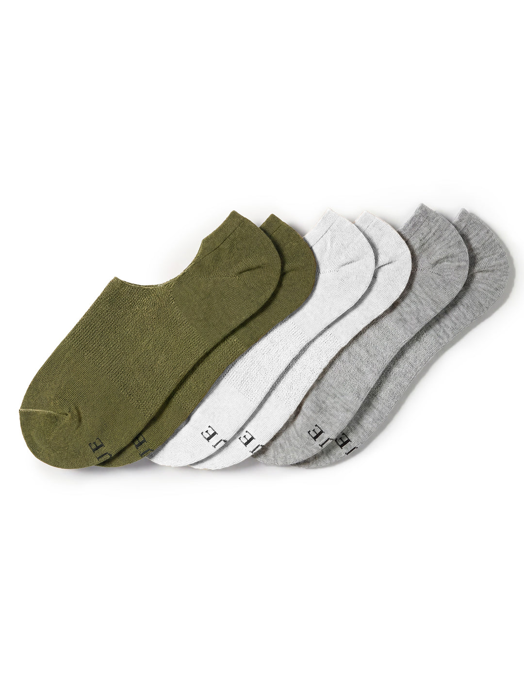 Three pairs of socks in green, white, and gray on a white background