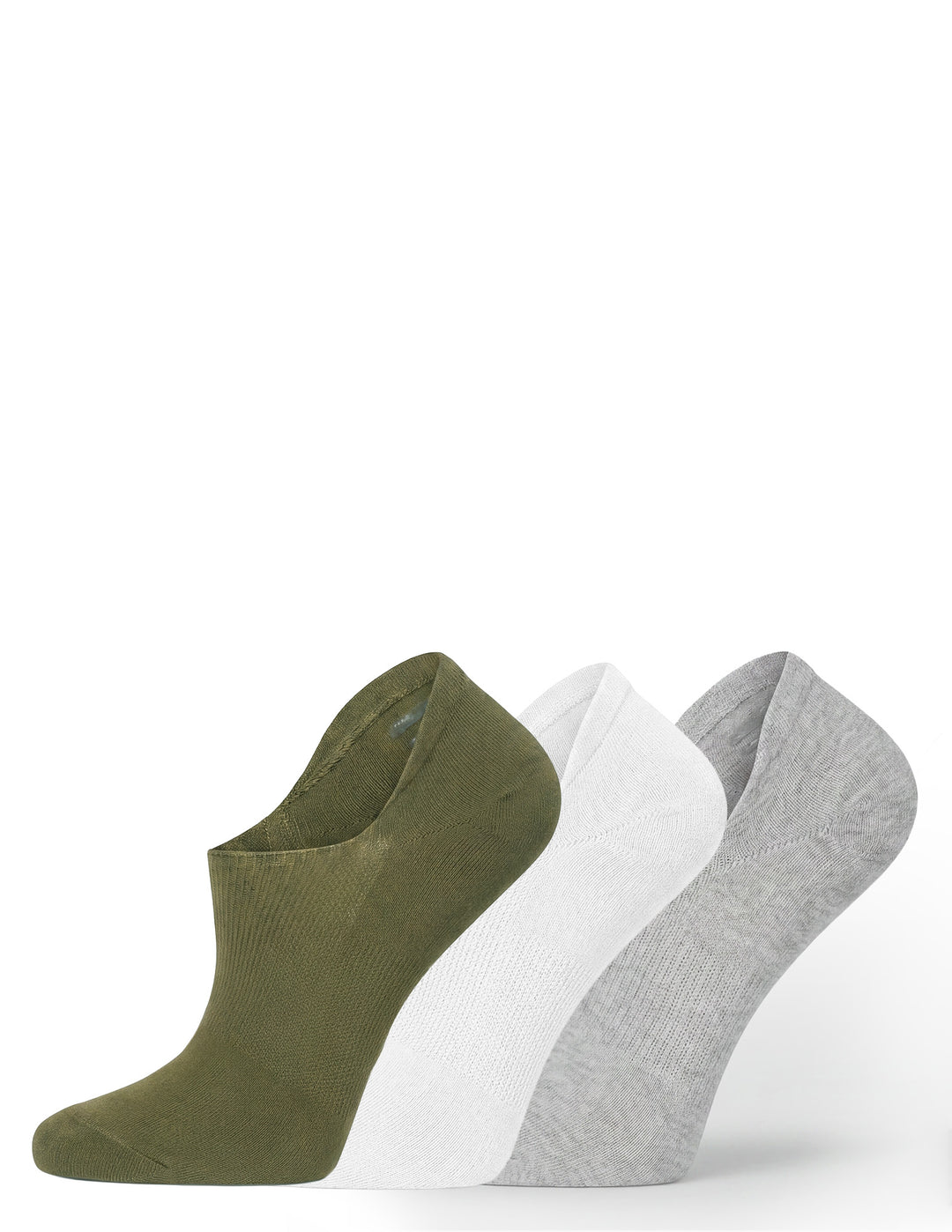 Three pairs of socks in green, white, and gray on a white background