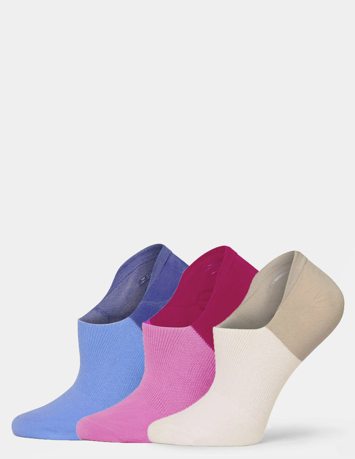 Three pairs of low-cut ankle socks in assorted colors on a light gray background. The colors are blue, pink, and cream, with darker solid sections at the heels.