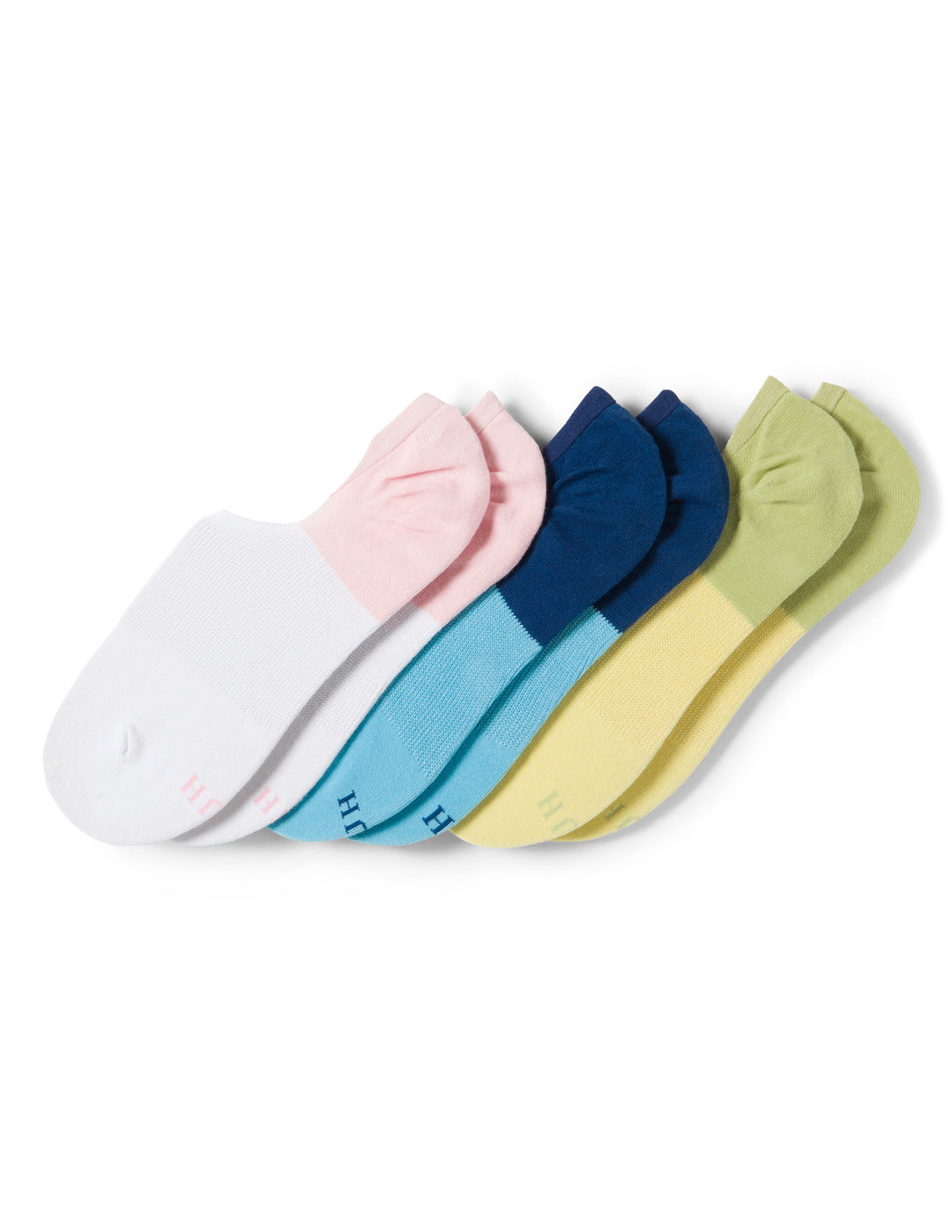 Three pairs of colorful socks in yellow, blue, and pink on a white background