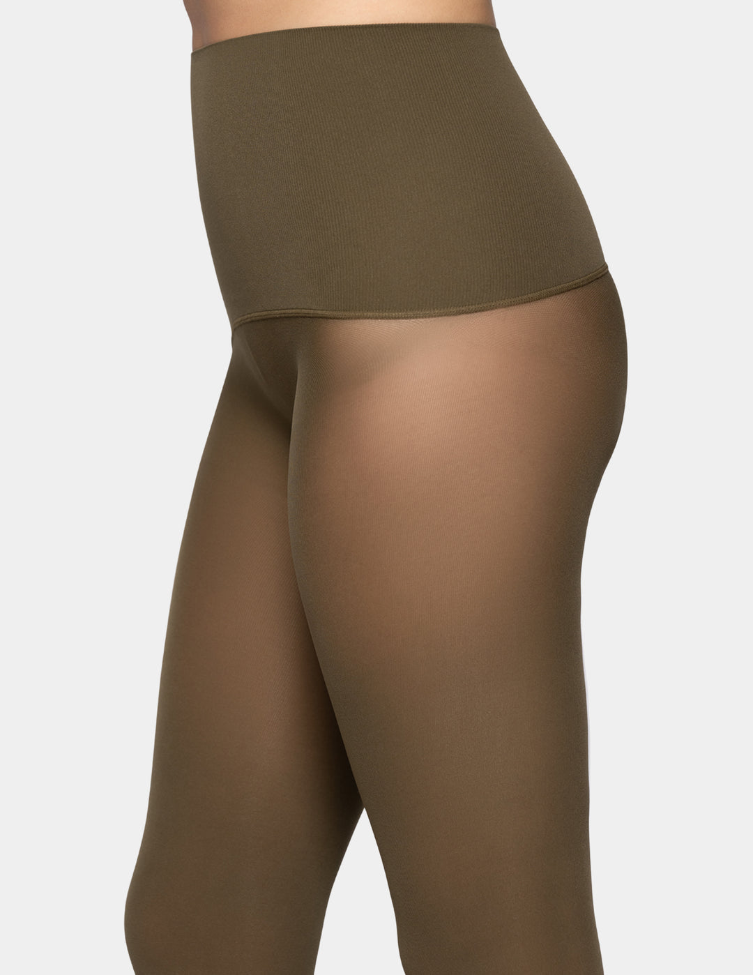 A close-up side view of a model wearing high-waisted sheer tights in a muted olive-brown shade against a light gray background.