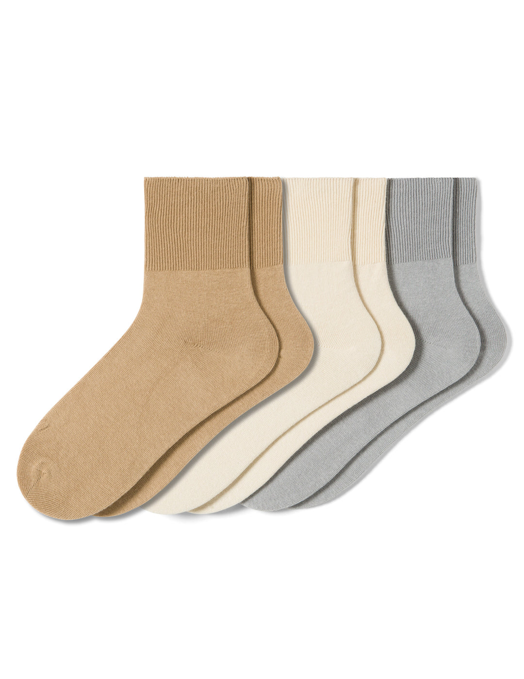 Set of three pairs of socks in beige, cream, and gray on a white background