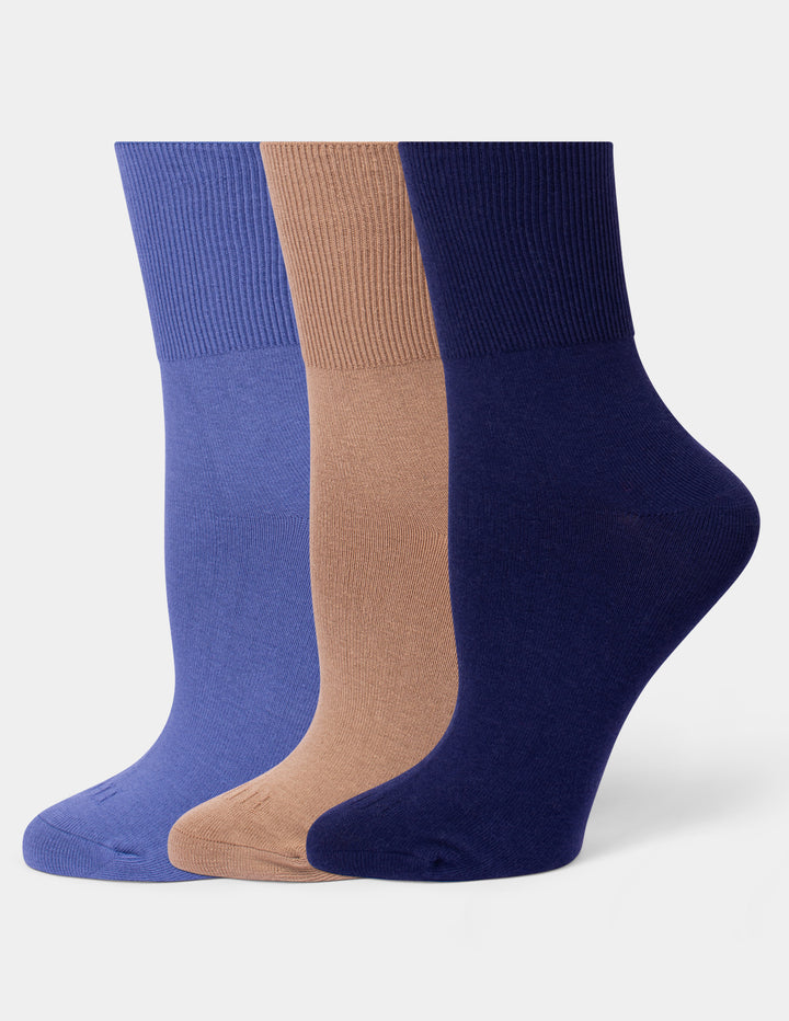Three pairs of crew socks in blue, tan, and navy, arranged in a fan shape against a light gray background.