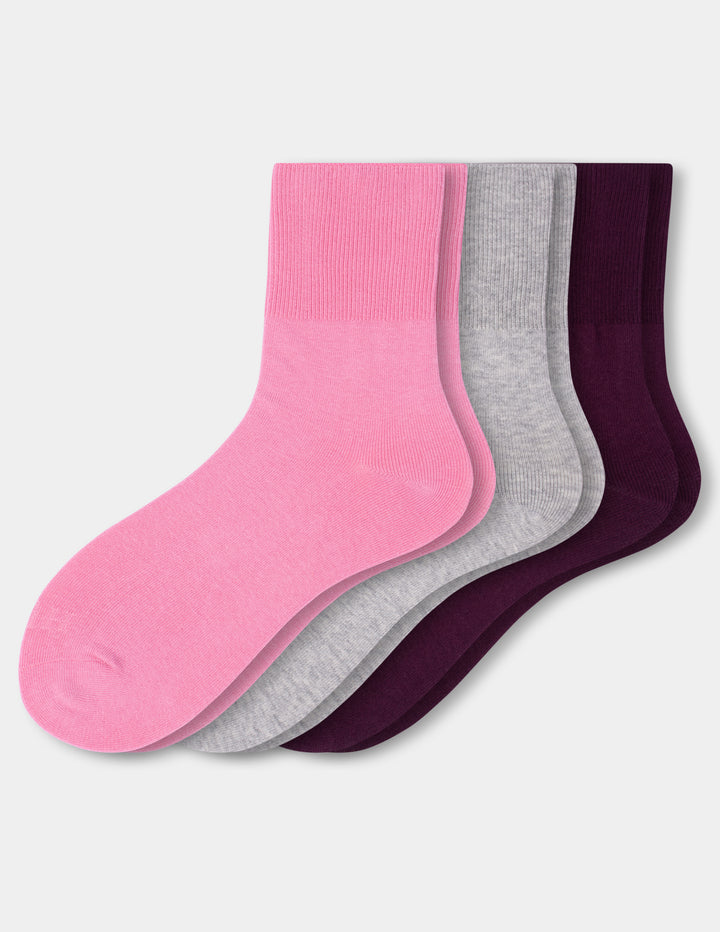 A 3-pack of women's crew socks in pink, heather gray, and deep purple, on a light gray background.