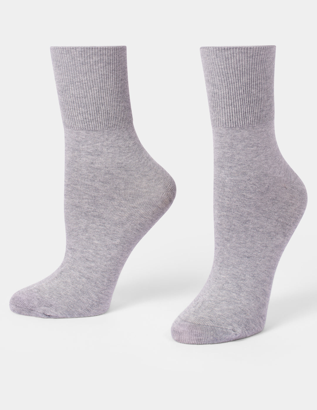 A pair of light heather gray crew socks displayed on foot forms against a clean white background.