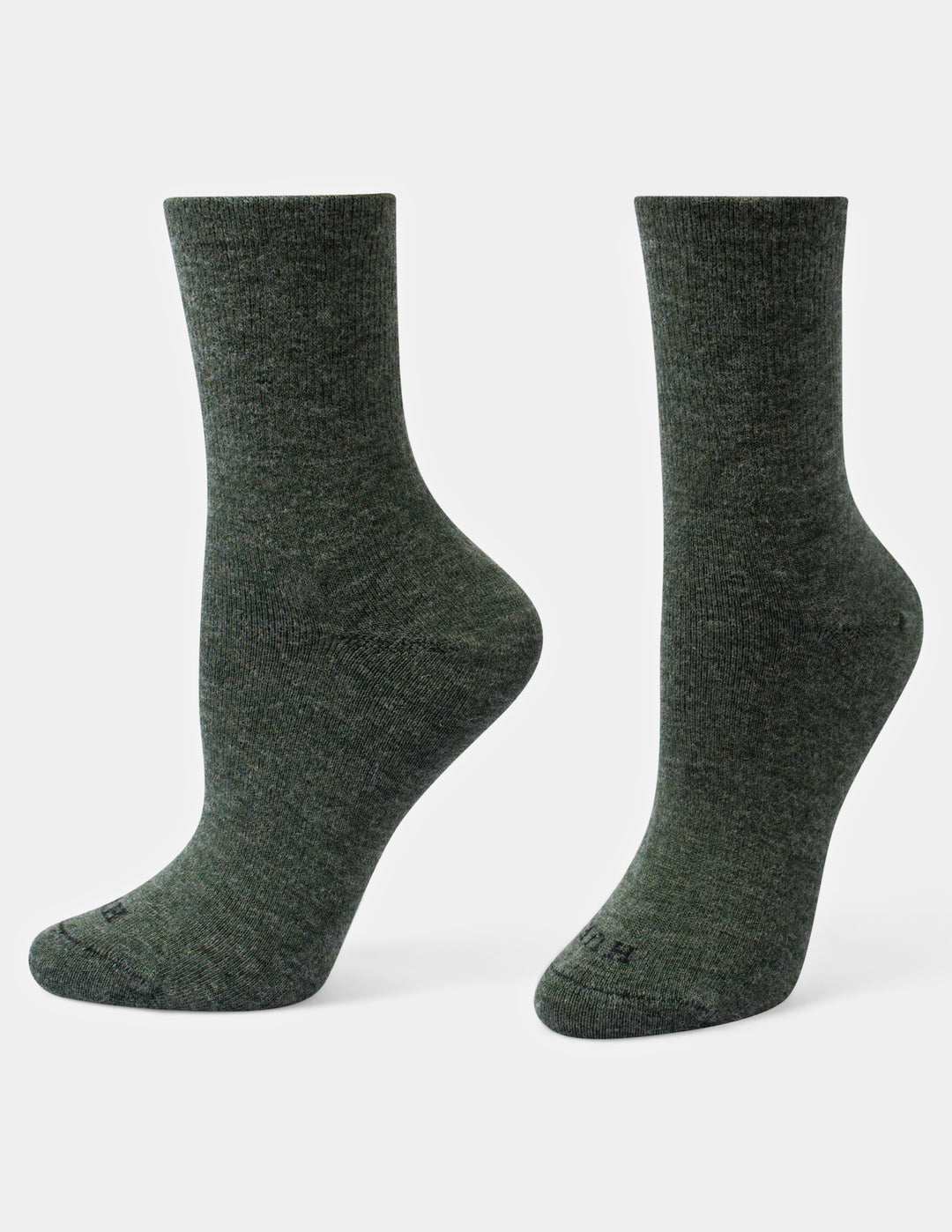 A pair of dark olive green crew socks displayed on invisible forms against a light gray background.