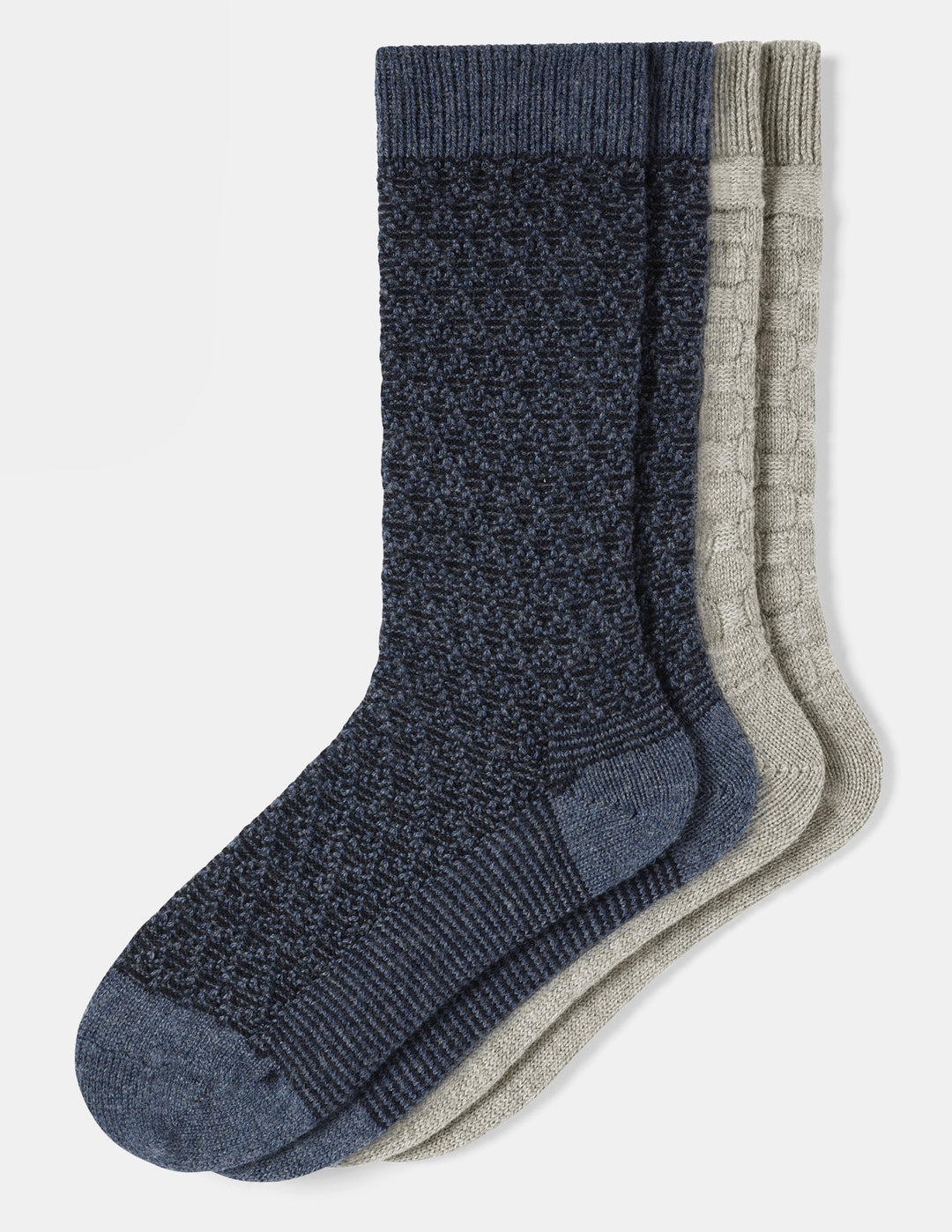 Two pairs of ribbed-knit crew socks in navy blue and light gray, arranged in a fan shape against a light gray background.