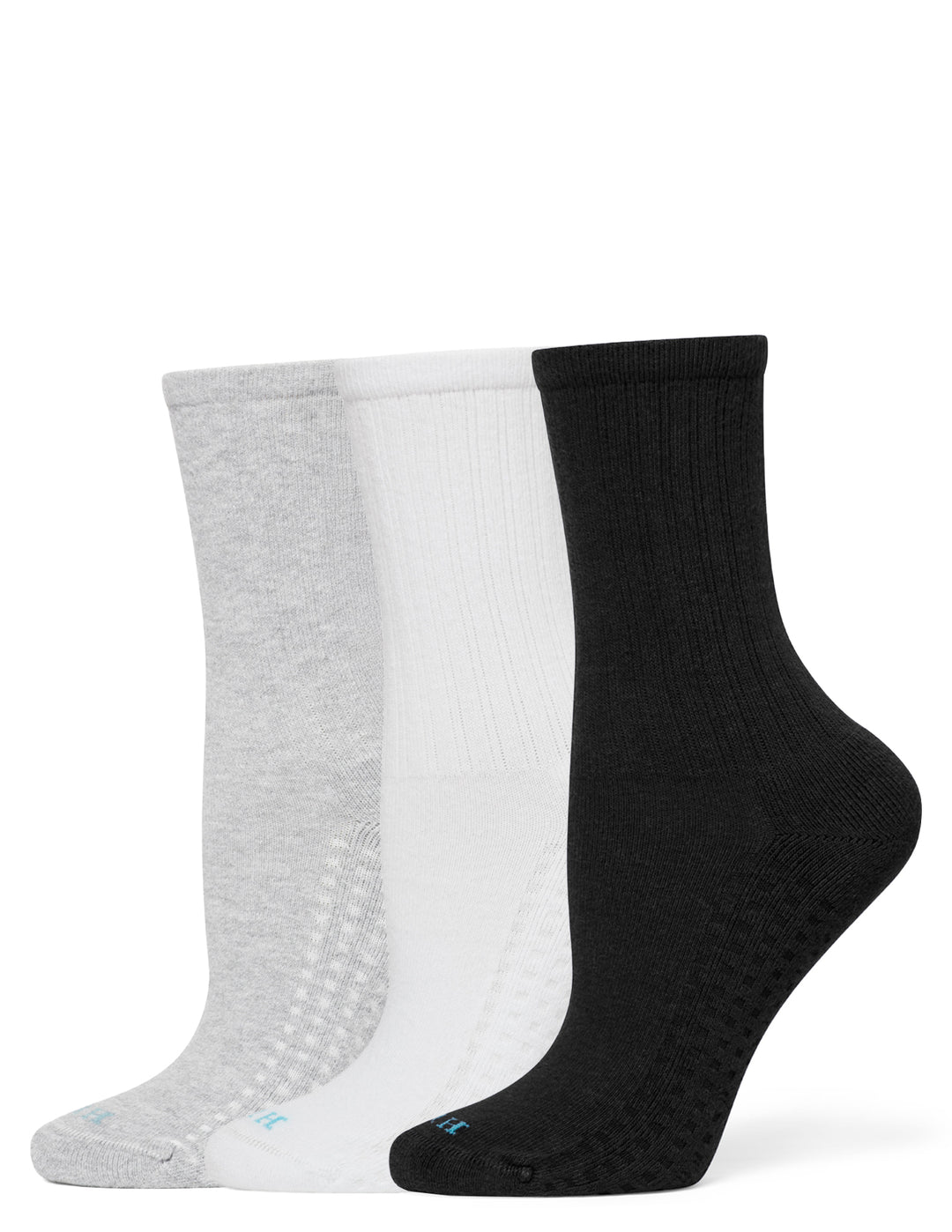 Three pairs of crew socks shown overlapping on a white background: heather gray on the left, white in the middle, and black on the right.