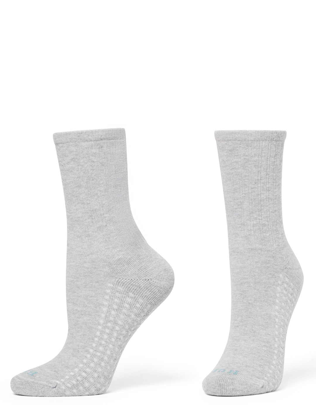 A pair of light gray heather crew socks shown from the side and back on a plain white background.