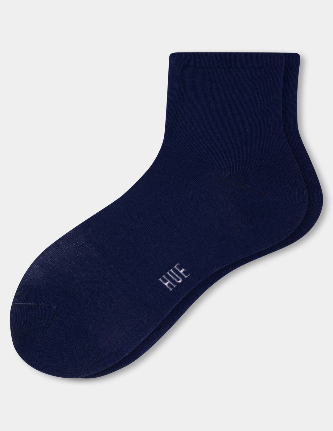 A single navy blue ankle sock with the brand name 'HUE' printed in white near the toe, shown on a light gray background.