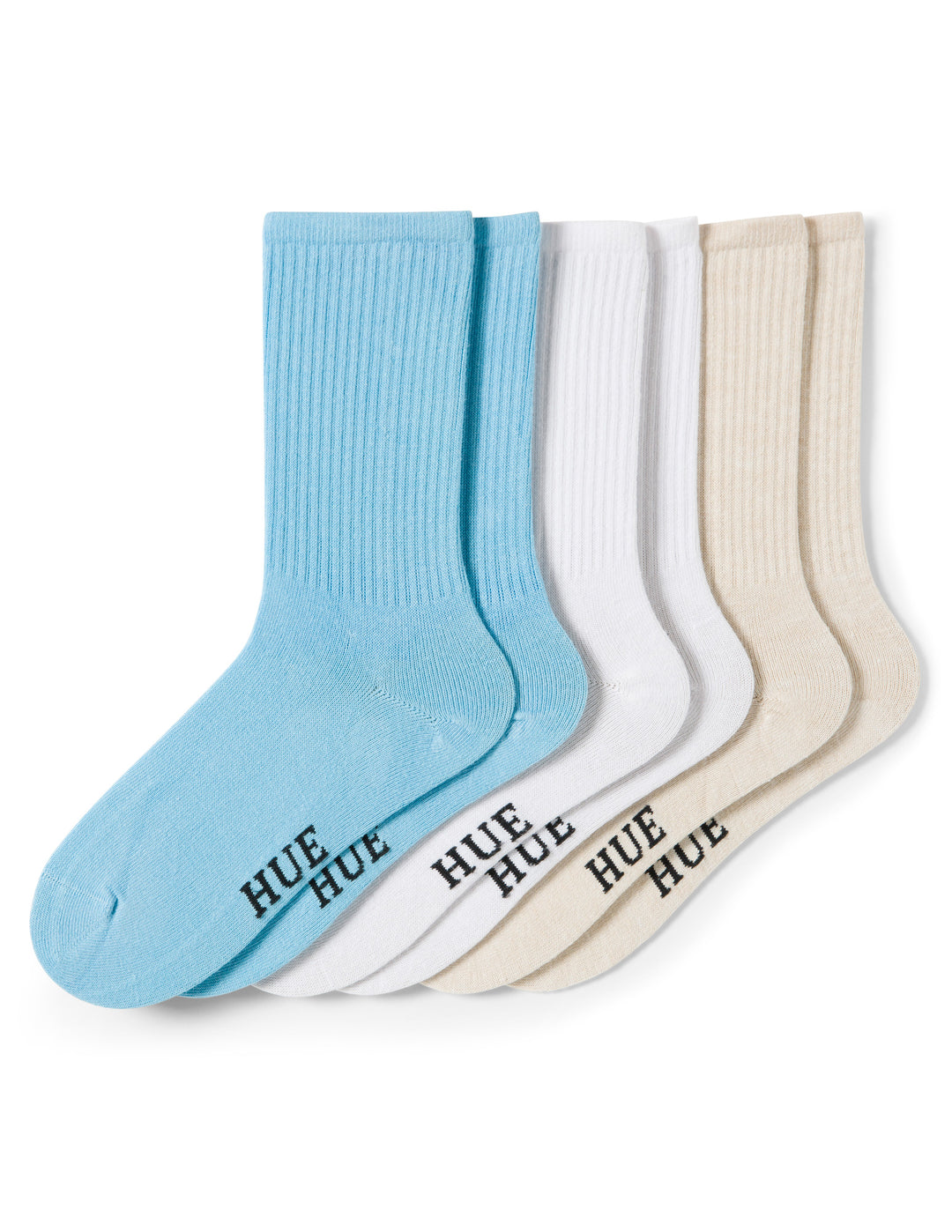 Set of four socks in blue, white, and beige with 'HUE' branding on a white background
