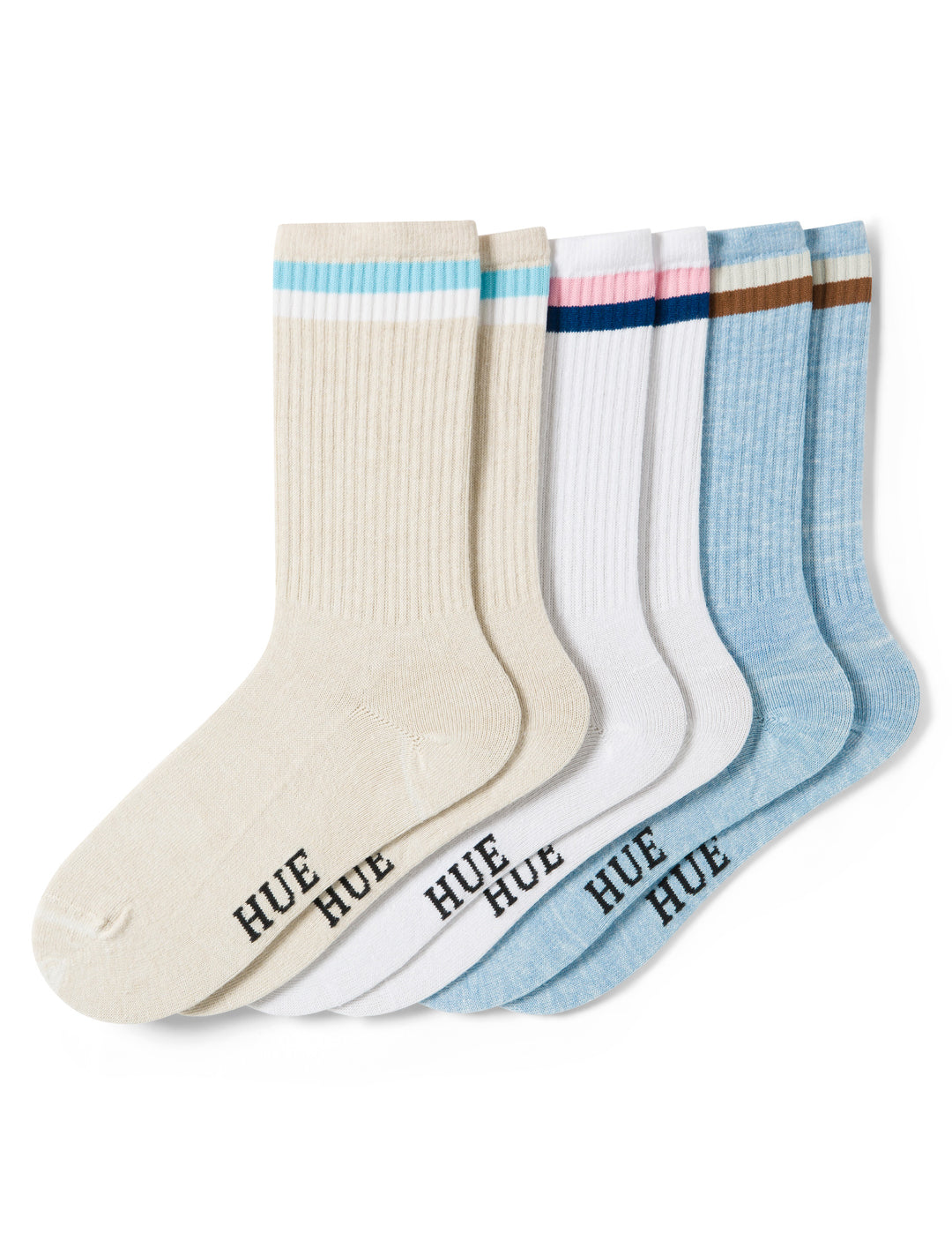 Set of five socks in beige, white, and blue with 'HUE' branding on a white background.