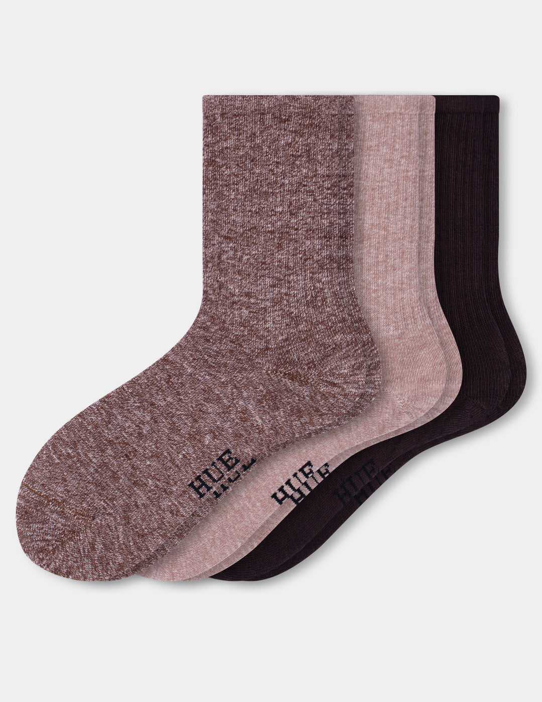 Three pairs of HUE crew socks in heathered dusty rose, dusty pink, and dark brown, arranged overlapping on a light gray background.