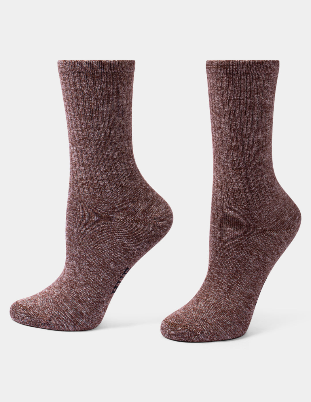 A pair of ribbed crew socks in a heathered dusty mauve-brown color, shown from the side against a light gray background.