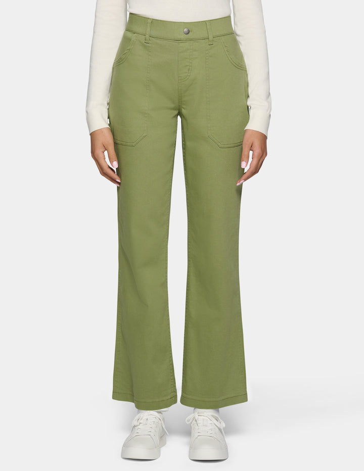 A model wearing olive green wide-leg pants
