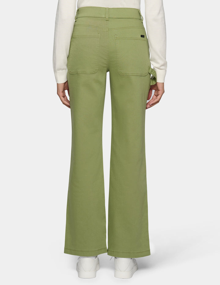 A model shown from the back wearing olive green wide-leg pant
