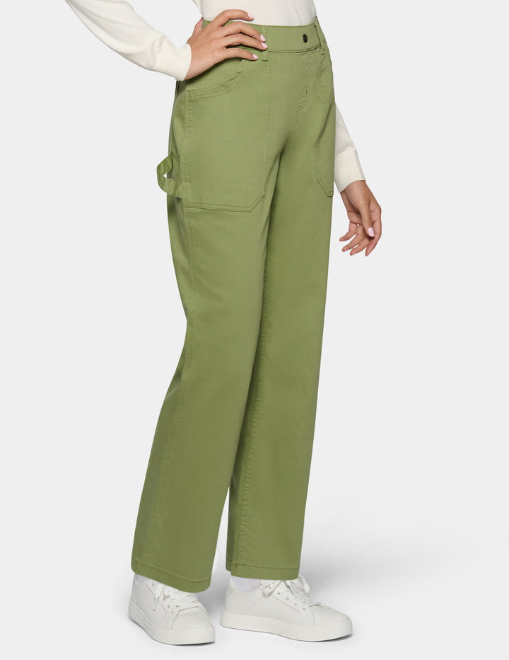 A person wearing olive green cargo pants with side flap pockets