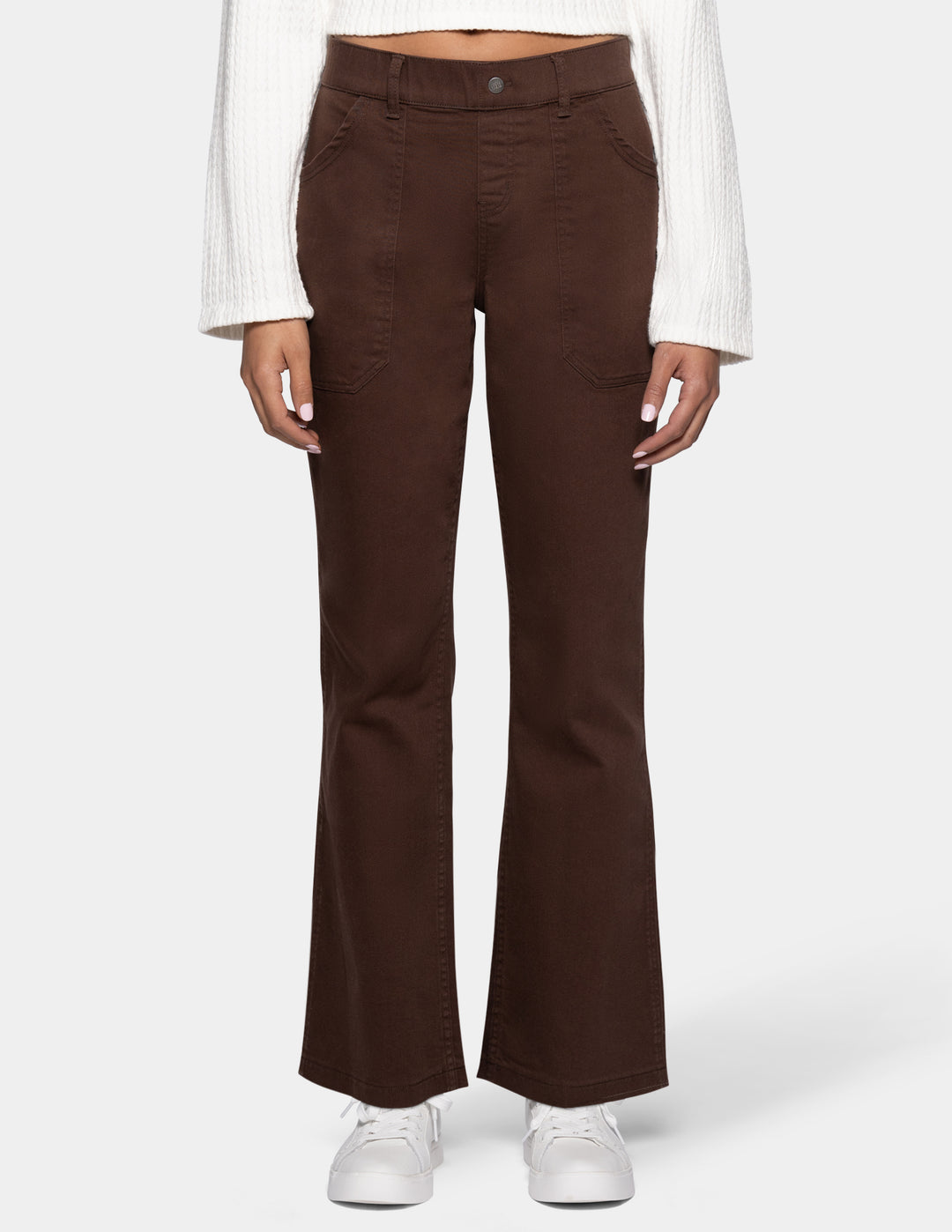 A person wearing dark brown wide-leg flare pants