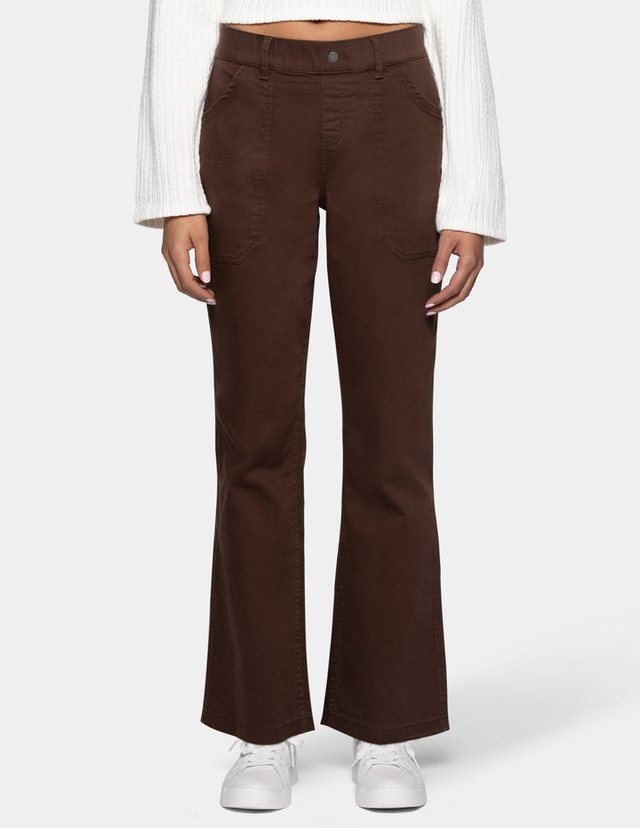 A person wearing dark brown wide-leg flare pants
