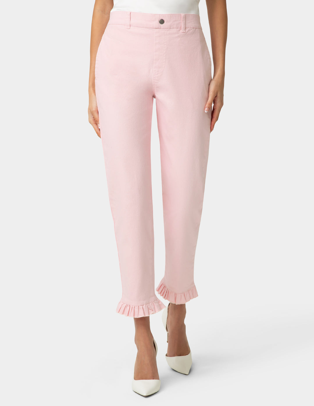 Pink pants with ruffled hem on a white background