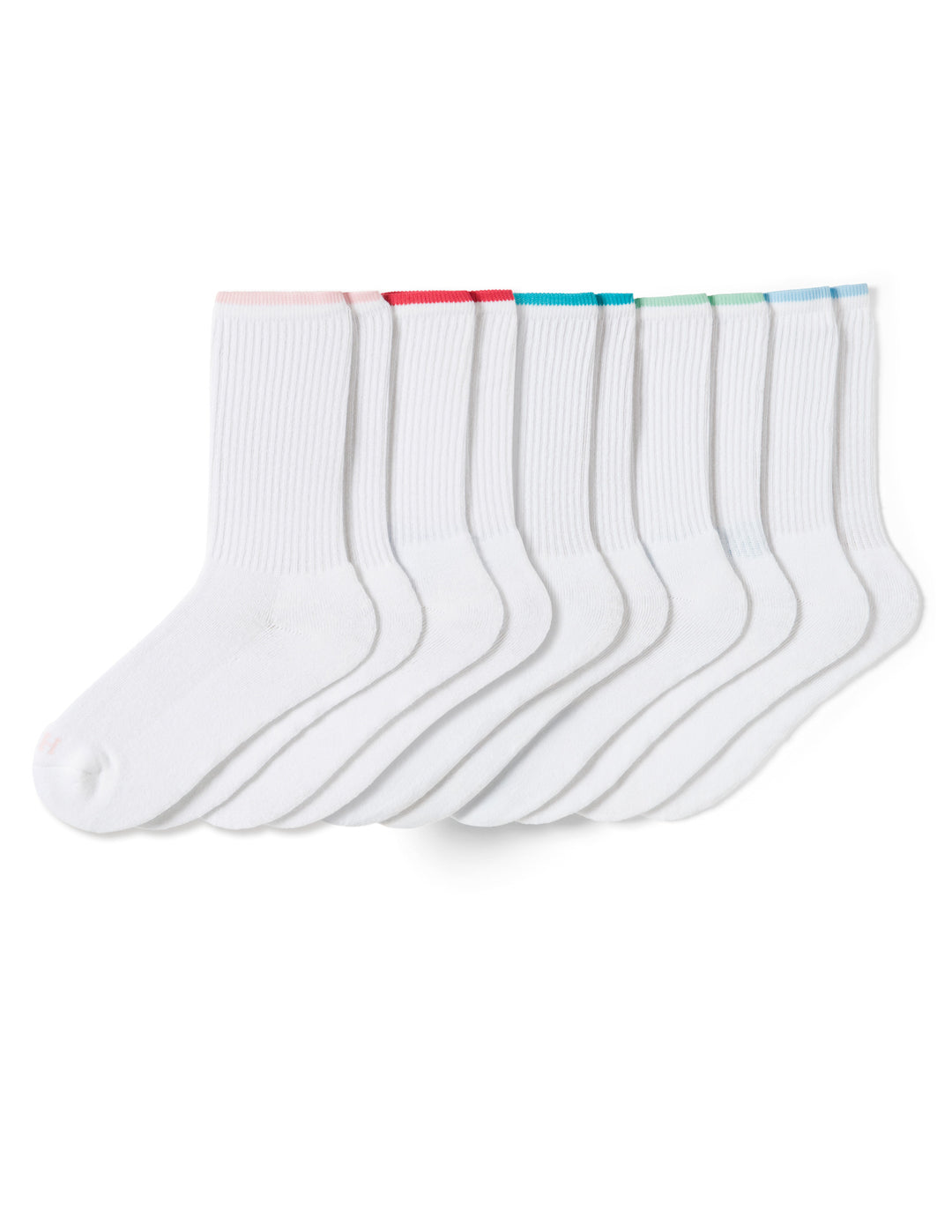 Set of six white socks with colorful tops on a white background