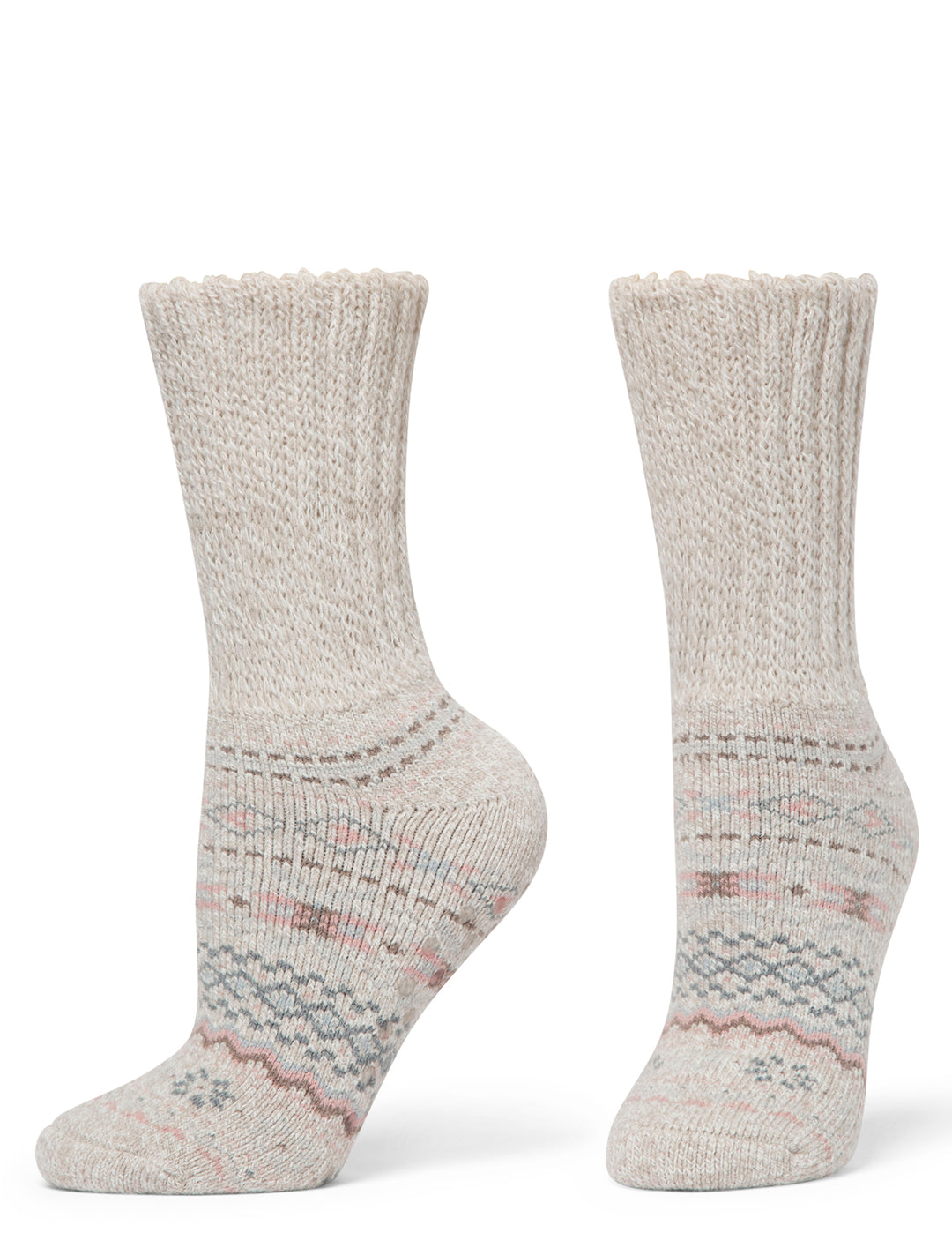 Pair of light gray socks with a subtle pattern on a white background