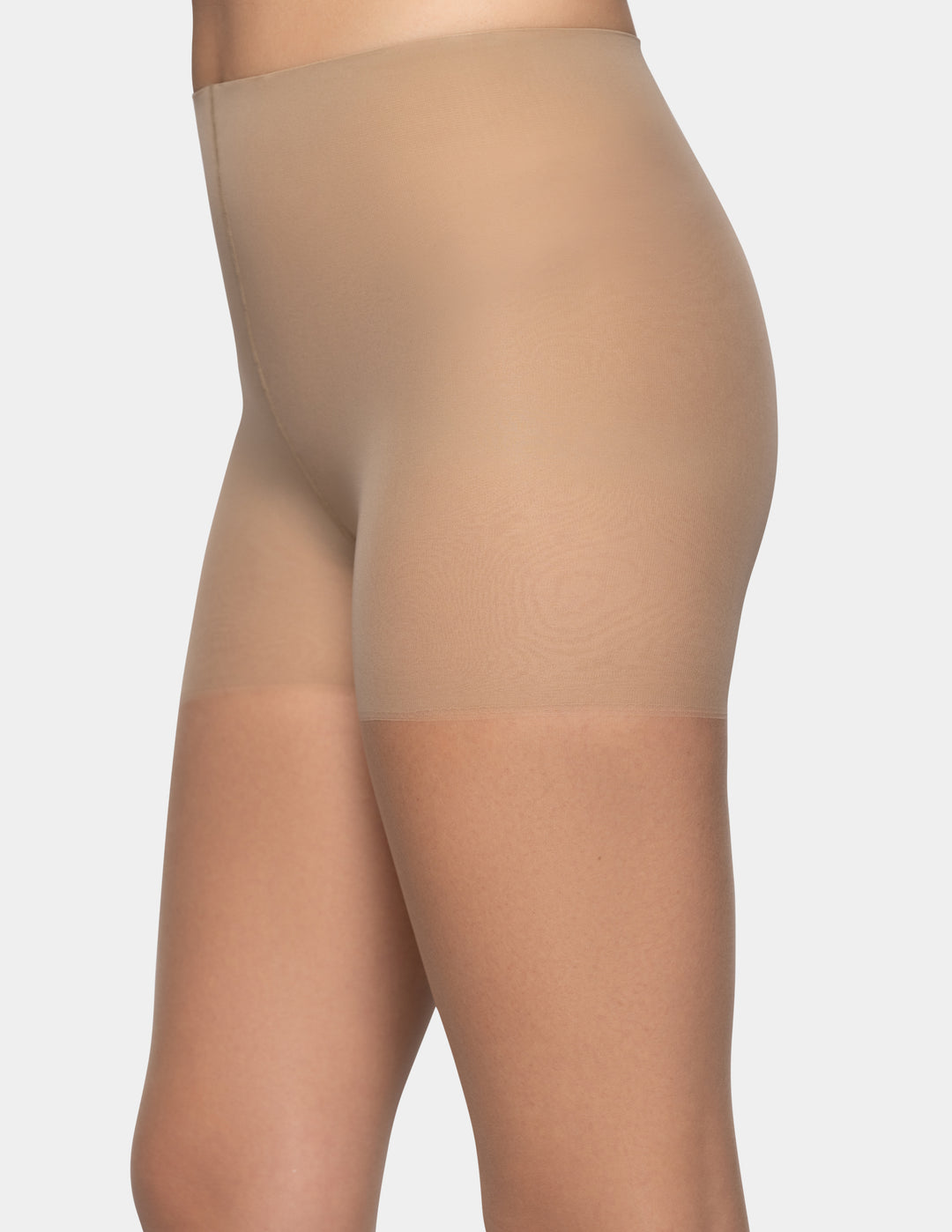Close-up side view of a model wearing seamless sheers in a light beige shade against a plain gray background.