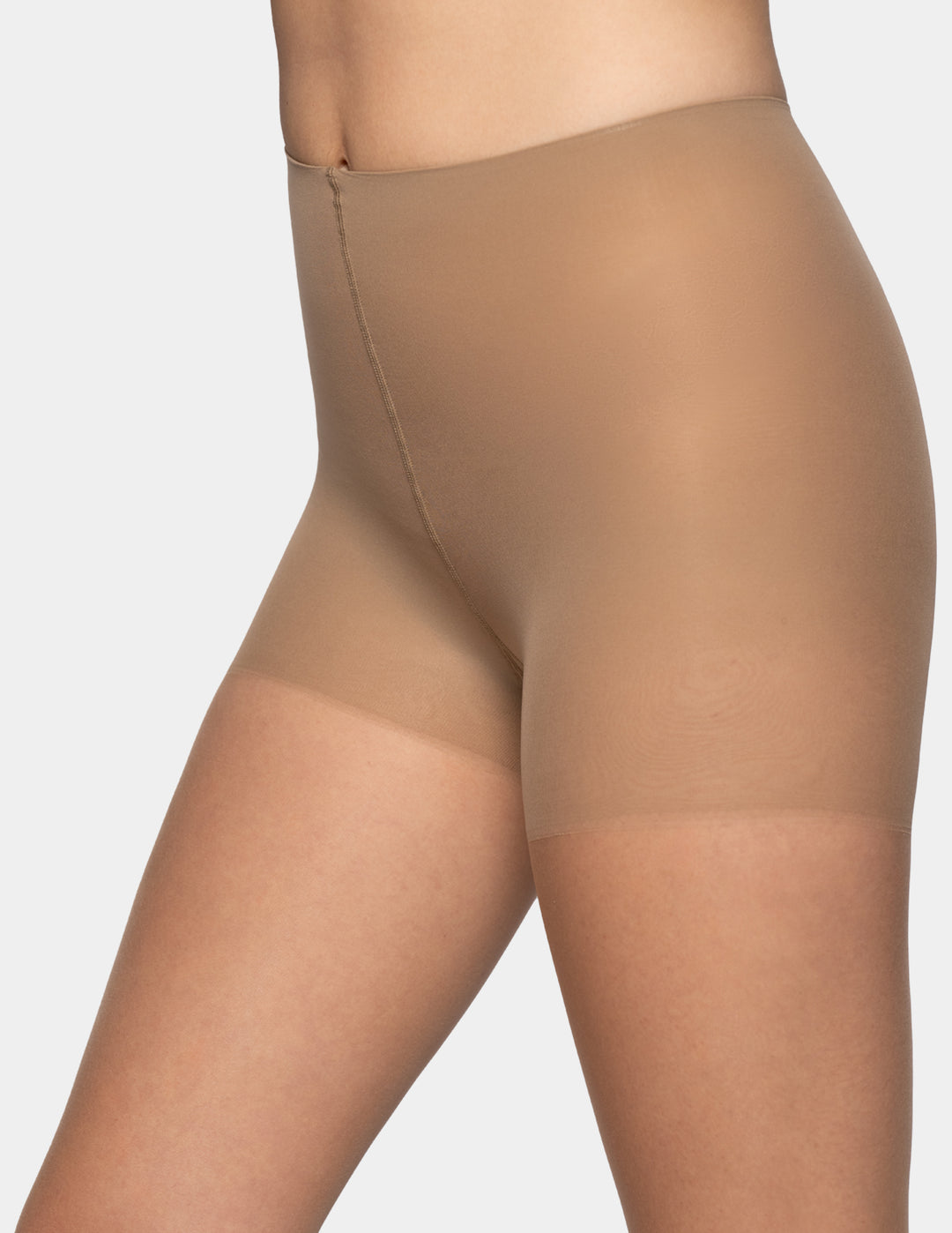 Close-up of a model wearing sheer nude high-waisted compression shapewear against a light gray background.
