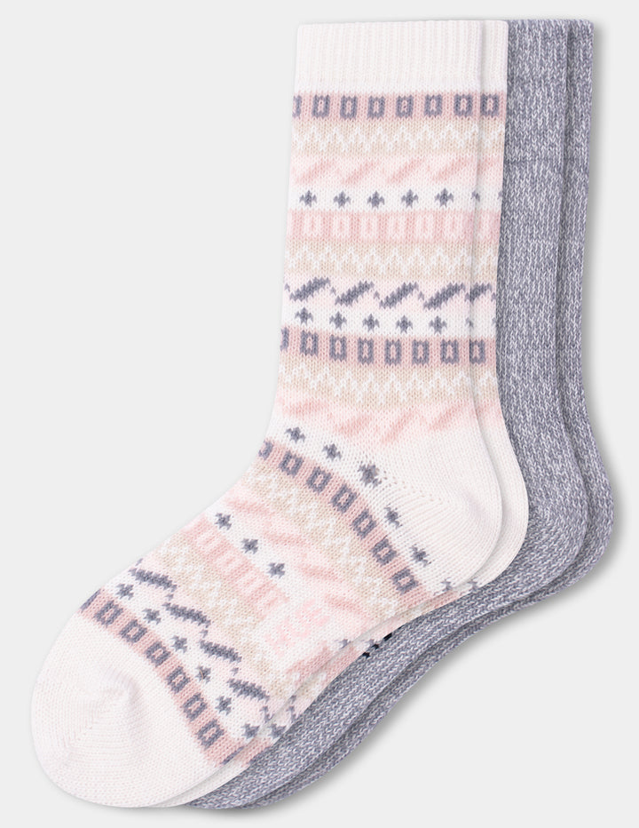 Two pairs of crew socks, one in a ivory and pink color with a geo pattern, and the other in a plain heather grey, against a light gray background.