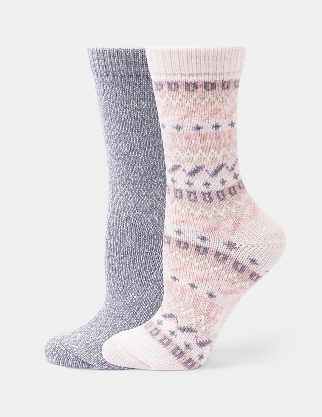 Two pairs of crew socks, one in a ivory and pink color with a geo pattern, and the other in a plain heather grey, against a light gray background.