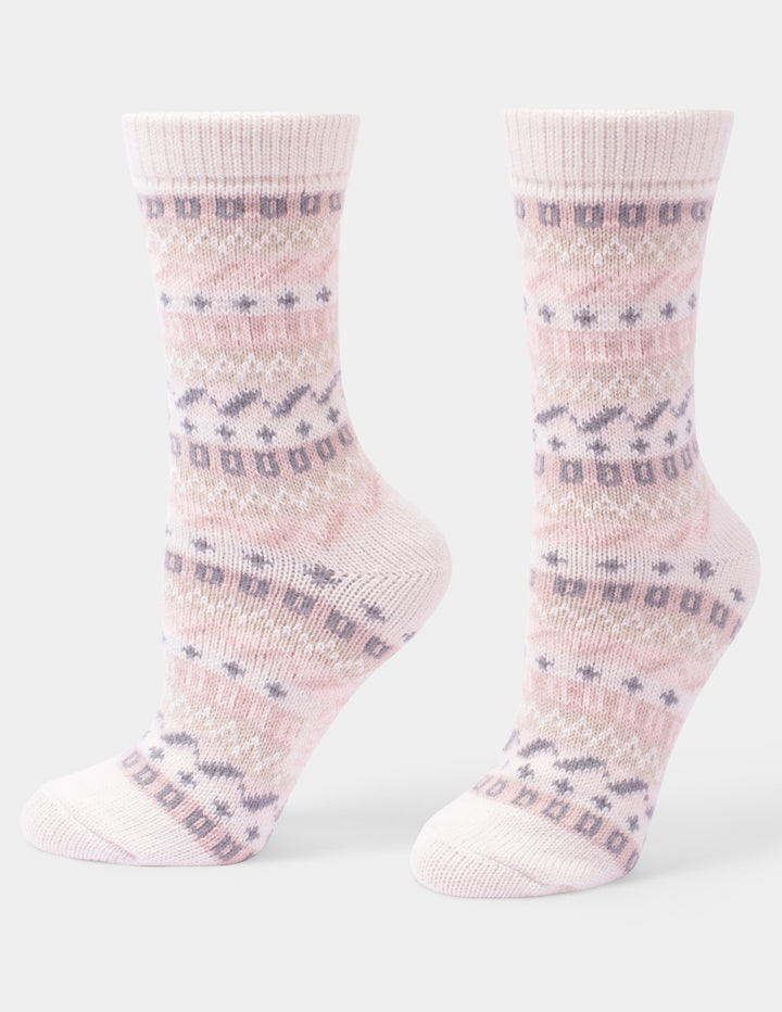 An ivory pair of crew socks with pink and grey patterns on a light gray background.