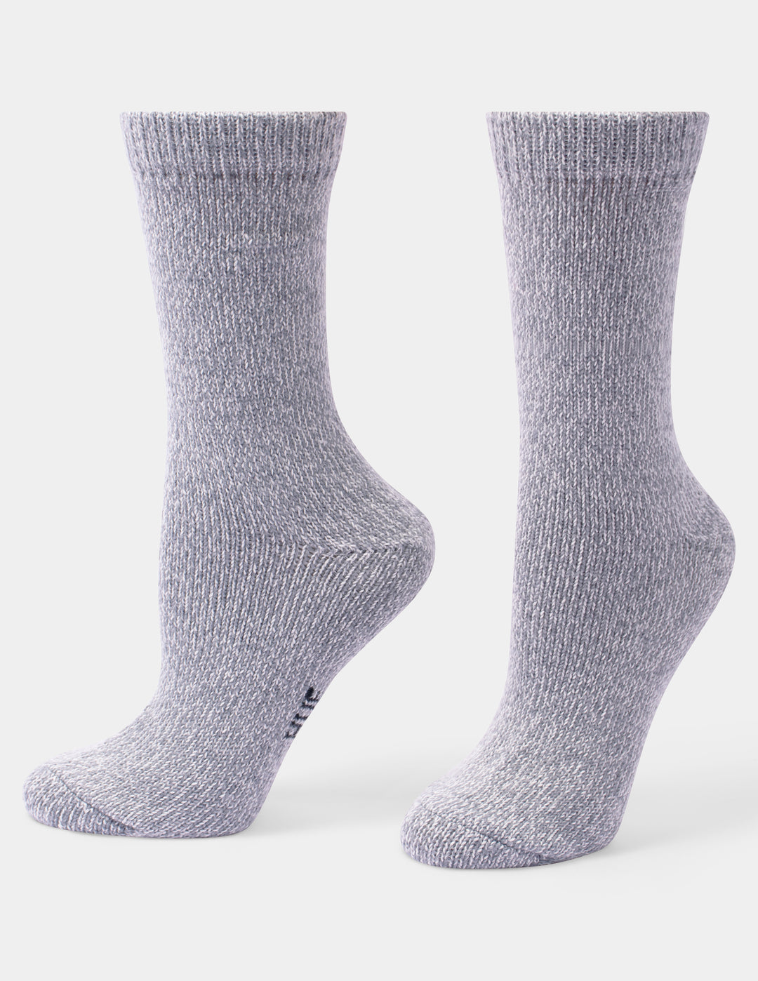 A heather grey pair of crew socks against a light gray background.