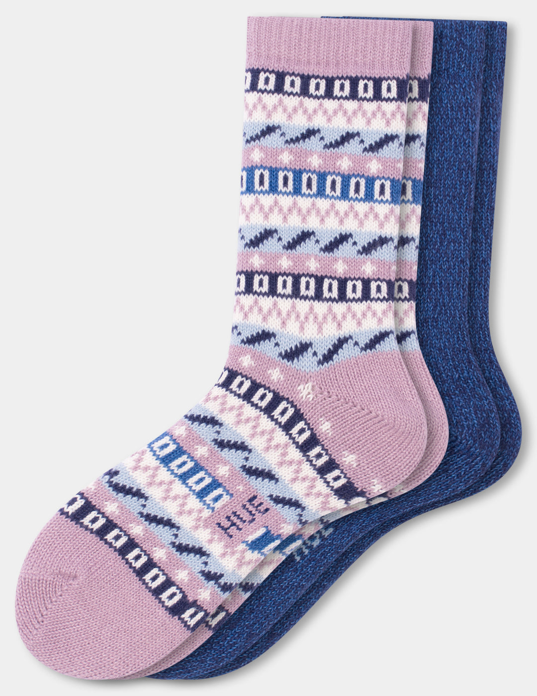 Two pairs of crew socks, one in a dusty pink color with a geo pattern, and the other in a plain blue color, against a light gray background.