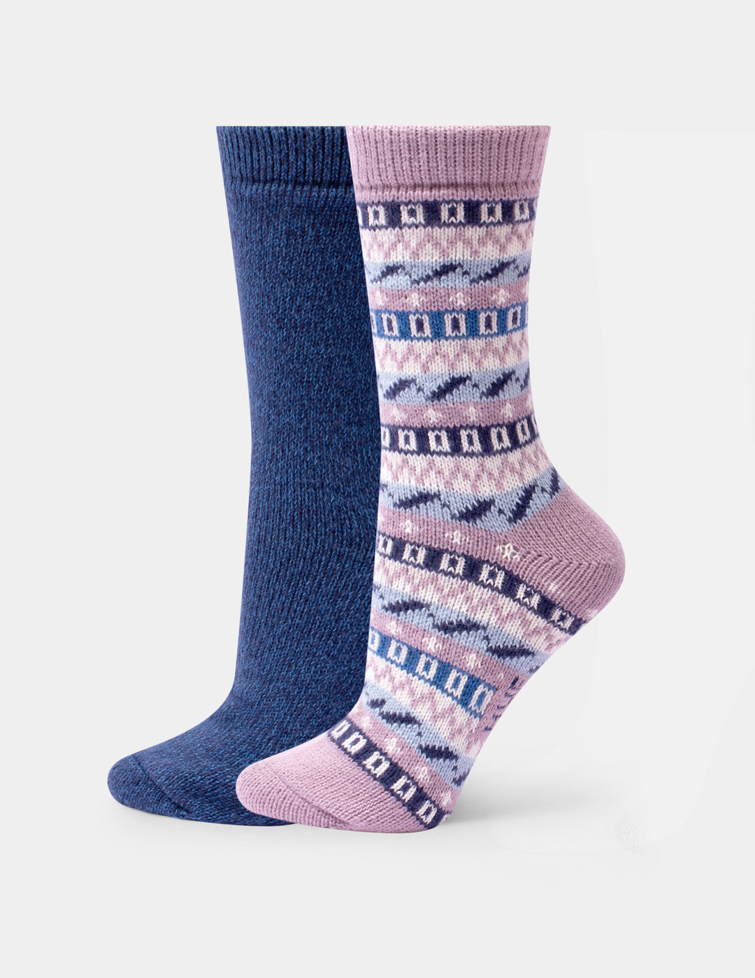 Two pairs of crew socks, one in a dusty pink color with a geo pattern, and the other in a plain blue color, against a light gray background.