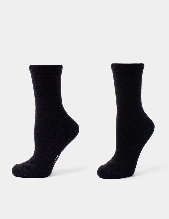 A pair of black crew socks shown from the side against a plain white background.