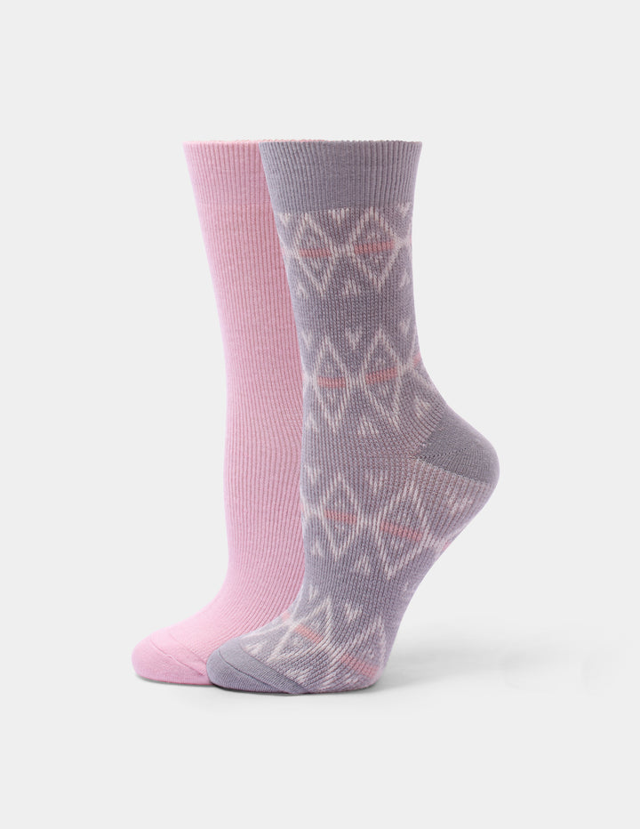 Two pairs of crew socks, one light pink and one gray with a white geometric pattern and subtle pink accents, displayed on a light gray background.