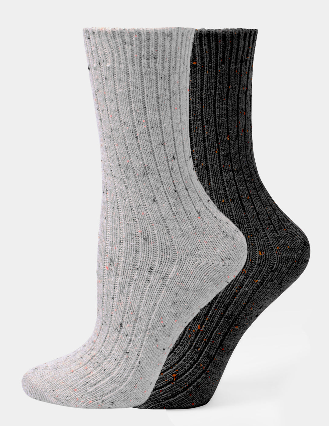 Two ribbed ankle socks shown on a light gray background, one light gray with subtle multicolor flecks and one dark charcoal gray with orange and multicolor flecks.